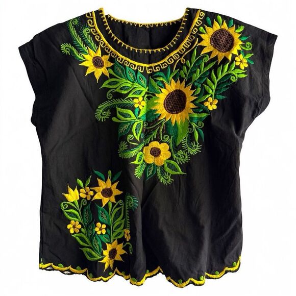 HAND-EMBROIDERED MEXICAN BLOUSE – BLACK W/ SUNFLOWERS – 100% COTTON - Picture 1 of 17